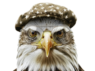 A Bald Eagle wearing a star-patterned beret and glasses.  The eagle looks directly at the camera with a serious expression.