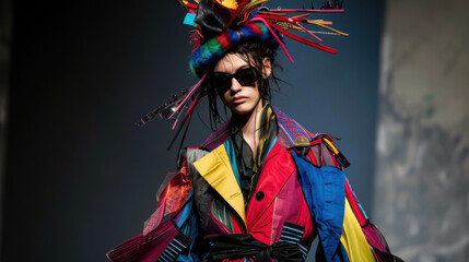 Fototapeta premium A runway model in an avant-garde outfit, featuring bold colors and experimental textures, capturing the essence of high fashion