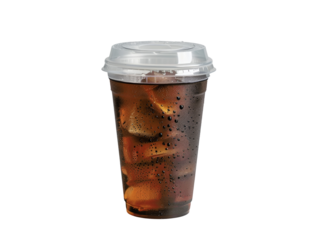 A clear plastic cup filled with brown soda and ice. The cup has a clear lid.