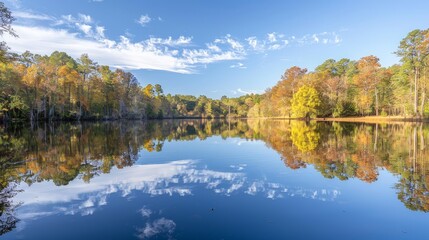 Fototapeta premium A serene lake mirrors the surrounding trees and sky, its still waters creating a perfect reflection of nature's tranquility.
