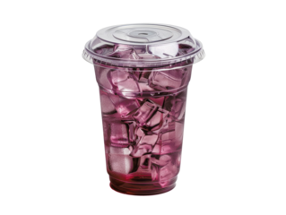 A clear plastic cup filled with ice and a purple drink, with a lid.