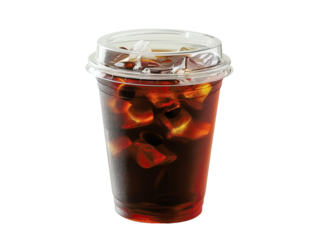 A clear plastic cup filled with iced coffee and ice cubes, with a transparent lid.