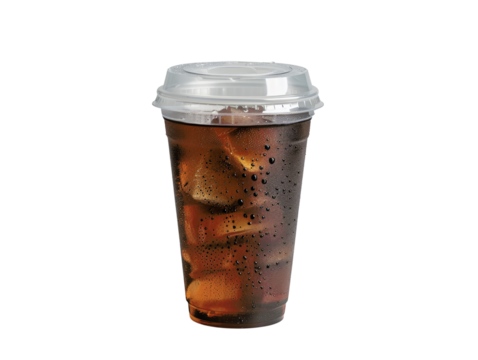 A clear plastic cup filled with brown soda and ice. The cup has a clear lid.