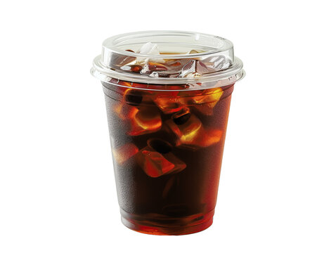 A clear plastic cup filled with iced coffee and ice cubes, with a transparent lid.