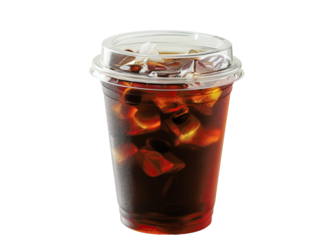 A clear plastic cup filled with iced coffee and ice cubes, with a transparent lid.