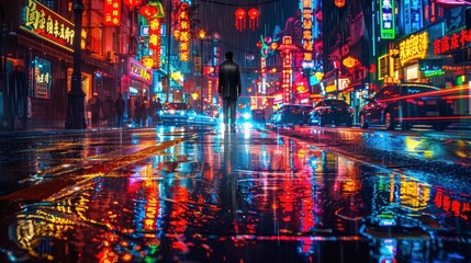 Neon-lit Chinatown street at night, rain-soaked pavement reflecting vibrant colors, gritty cyberpunk atmosphere, single figure in the center, illustration background