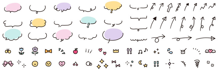 手描きの吹き出しと矢印などの飾りのベクターイラストセット　ふきだし　アイコン　手書き　かわいい