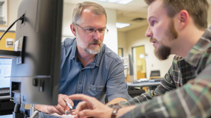 A supervisor showing an intern how to use new software, both looking at the same computer screen