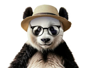 A panda wearing a hat and glasses, looking directly at the camera.  The panda is smiling.