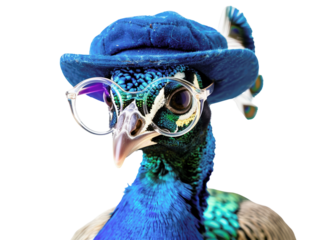 A peacock wearing a blue hat and round glasses looks directly at the camera.