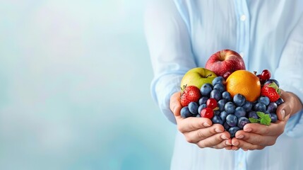 A person in a white shirt holds a variety of fresh fruits including apples, oranges, strawberries, and blueberries with a blue background.