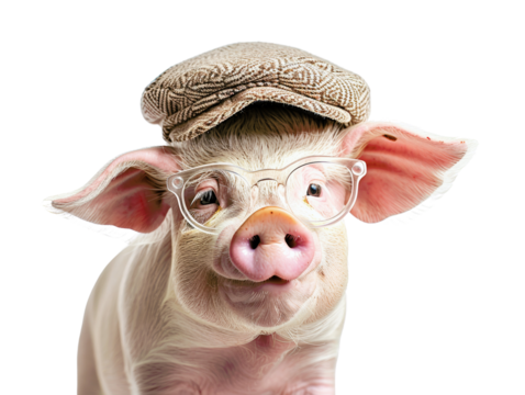 A pig wearing a cap and glasses looks at the camera with a curious expression.