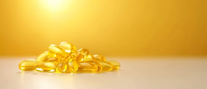 A pile of golden vitamin capsules shines under bright light on a white surface, symbolizing health and nutrition with a warm, vibrant atmosphere.