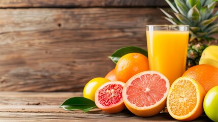 A refreshing glass of orange juice surrounded by fresh, sliced citrus fruits and pineapple on a rustic wooden background.
