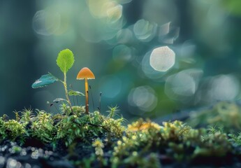 A small mushroom and a tiny green plant growing on top of moss. AI.