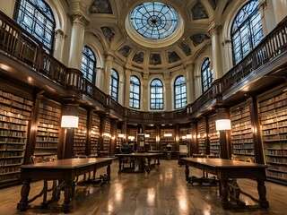 Naklejka premium A large and luxurious library with tables and chairs with a large fireplace in the center
