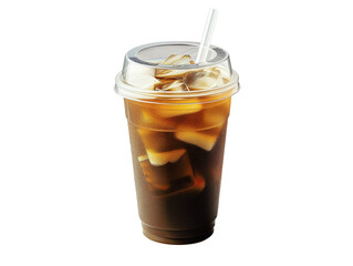 A refreshing iced coffee drink in a clear plastic cup with ice and a straw.