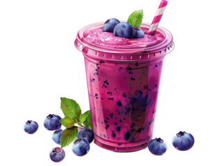 A refreshing blueberry smoothie in a plastic cup with a straw and fresh blueberries.