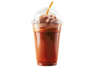 A refreshing chocolate milkshake with whipped cream in a clear plastic cup with a straw.