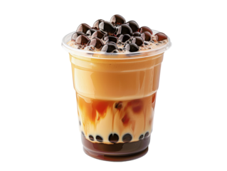 A refreshing cup of iced brown sugar milk tea with tapioca pearls.