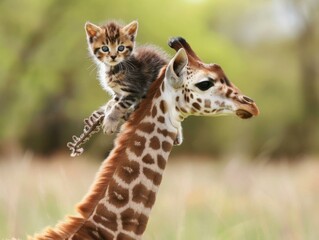Obraz premium A small kitten riding on the back of a giraffe in tall grass. AI.