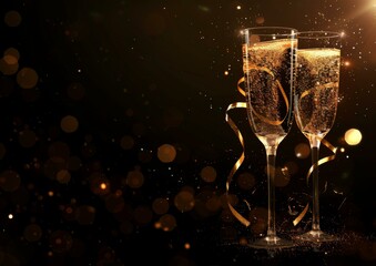 Two champagne flutes with gold ribbons and confetti on a black background. AI.