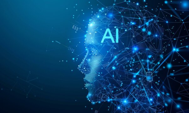 A man's head with a glowing blue background and the word artificial. AI.