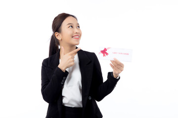 Portrait happiness beautiful young asian businesswoman showing and present gift voucher or coupon with satisfied isolated white background, business woman shopping, discount sale and promotion.