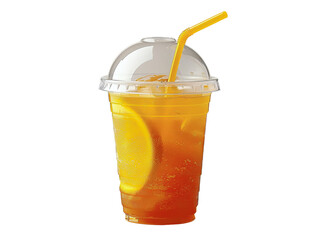 A refreshing iced tea with lemon slice, served in a clear plastic cup with a straw.