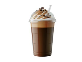 A refreshing iced coffee drink with whipped cream and chocolate chips in a clear plastic cup with a straw.
