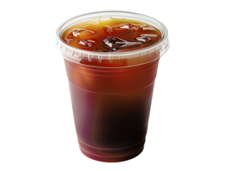 A refreshing iced coffee in a clear plastic cup with ice cubes. Perfect for summer or any time you need a cool pick-me-up.