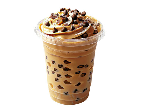 A refreshing iced coffee drink with chocolate chips and whipped cream in a clear plastic cup.