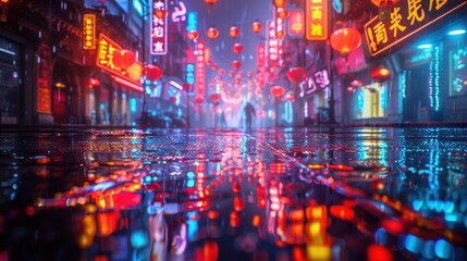 Obraz premium Empty Chinatown street with neon signs reflecting on wet pavement, cyberpunk aesthetic, single figure under streetlight, illustration background