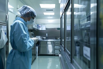 Naklejka premium Patient worker observing machine functionality, minimalist setup, wide shot, photorealistic, magnum photo style, macro lens