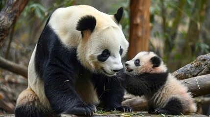 Fototapeta premium Giant Panda Mother and Cub in Bamboo Forest. A Portrait of Wildlife Conservation