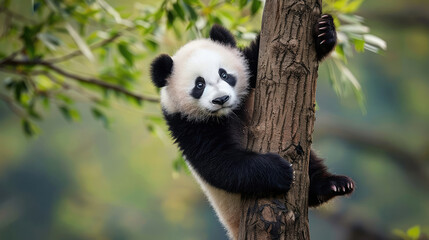 Obraz premium Playful Panda Cub Climbing a Tree in Lush Green Forest
