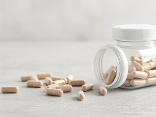 Close-up of a white pill bottle and scattered capsules on a light grey surface. Minimalist healthcare and medicine concept with a soft background.