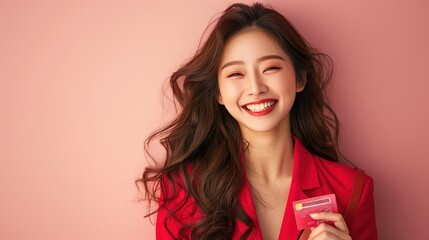 Naklejka premium Smiling woman in red blazer holding a credit card, standing against a pink background. Bright, cheerful, positive expression.