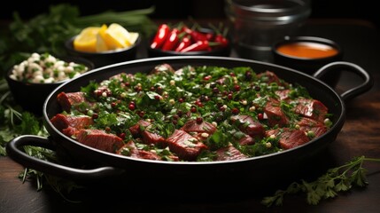 Fototapeta premium a pan of food with a variety of ingredients including meat and vegetables.