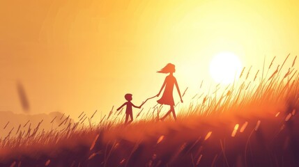 Fototapeta premium Silhouette of Mother and Child Stick Characters