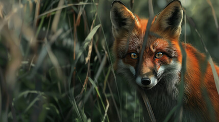 Obraz premium Curious Fox Peeking Through Tall Grasses Illustration