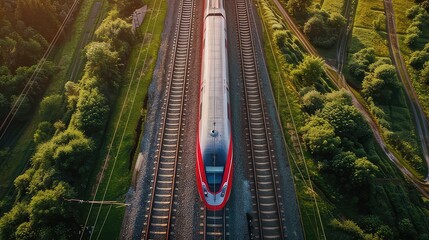 Modern high-speed train traveling through a lush green landscape, aerial view. Concept of travel, transportation, speed, technology, and sustainability.