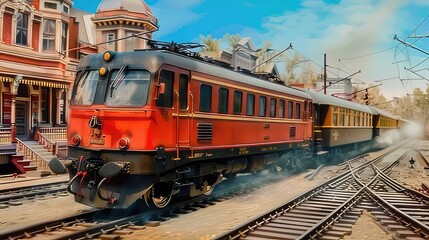 Obraz premium Red vintage passenger train arriving at a station. Retro locomotive traveling on railway tracks, transportation and journey concept.