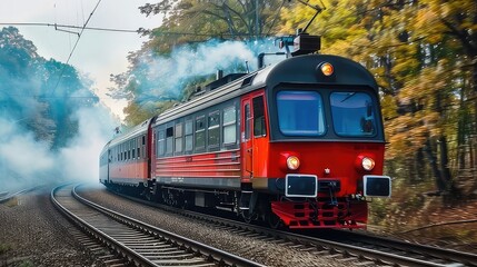 Obraz premium Modern red train travels through a colorful autumn forest. Concept of adventure, travel, transport, railway, and journey