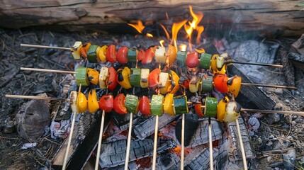 A skewer of colorful vegetables and fragrant herbs sizzle over the campfire enticing the hungry campers.