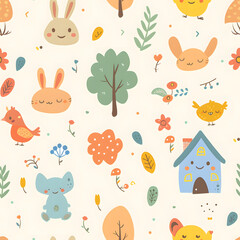 Seamless pattern cute children tree summer leaves