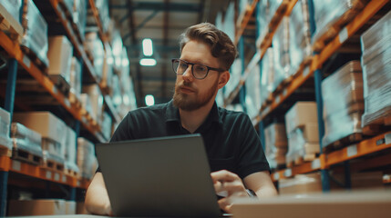 Fototapeta premium warehouse manager working on laptop, portrait of a man working on warehouse logistics 