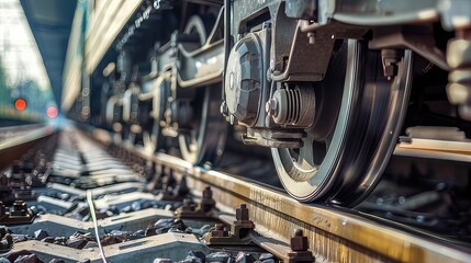 Close up of steel train wheels on railroad tracks. Concept of travel, transportation, industry, logistics, and railway infrastructure.