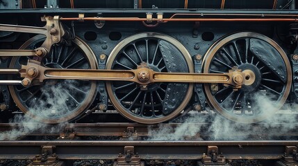 Fototapeta premium Close-up of vintage steam locomotive wheels and connecting rods in motion.