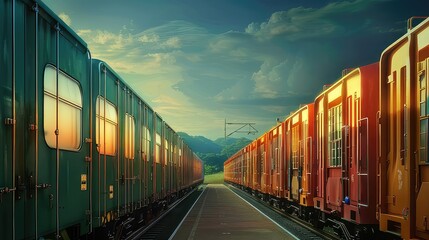 Obraz premium Red and Green Train Cars on Tracks at Sunset. Journey, Travel, and Transportation Concept